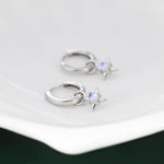Tiny Moonstone Starburst Huggie Hoop Earrings in Sterling Silver, Silver or Gold, Detachable Charms, Moonstone North Star Drop Earrings