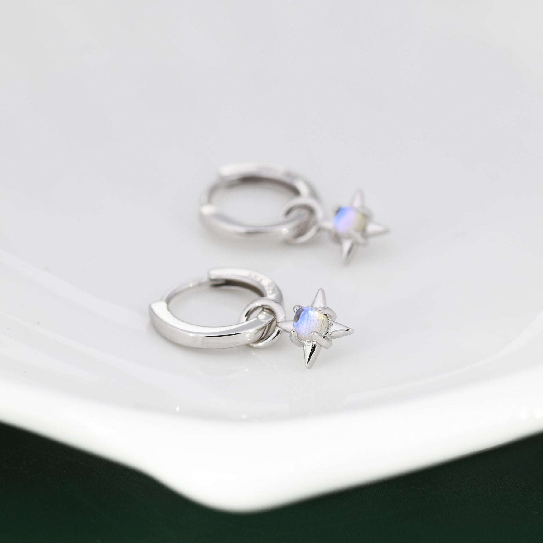 Tiny Moonstone Starburst Huggie Hoop Earrings in Sterling Silver, Silver or Gold, Detachable Charms, Moonstone North Star Drop Earrings