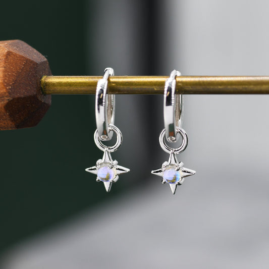 Tiny Moonstone Starburst Huggie Hoop Earrings in Sterling Silver, Silver or Gold, Detachable Charms, Moonstone North Star Drop Earrings