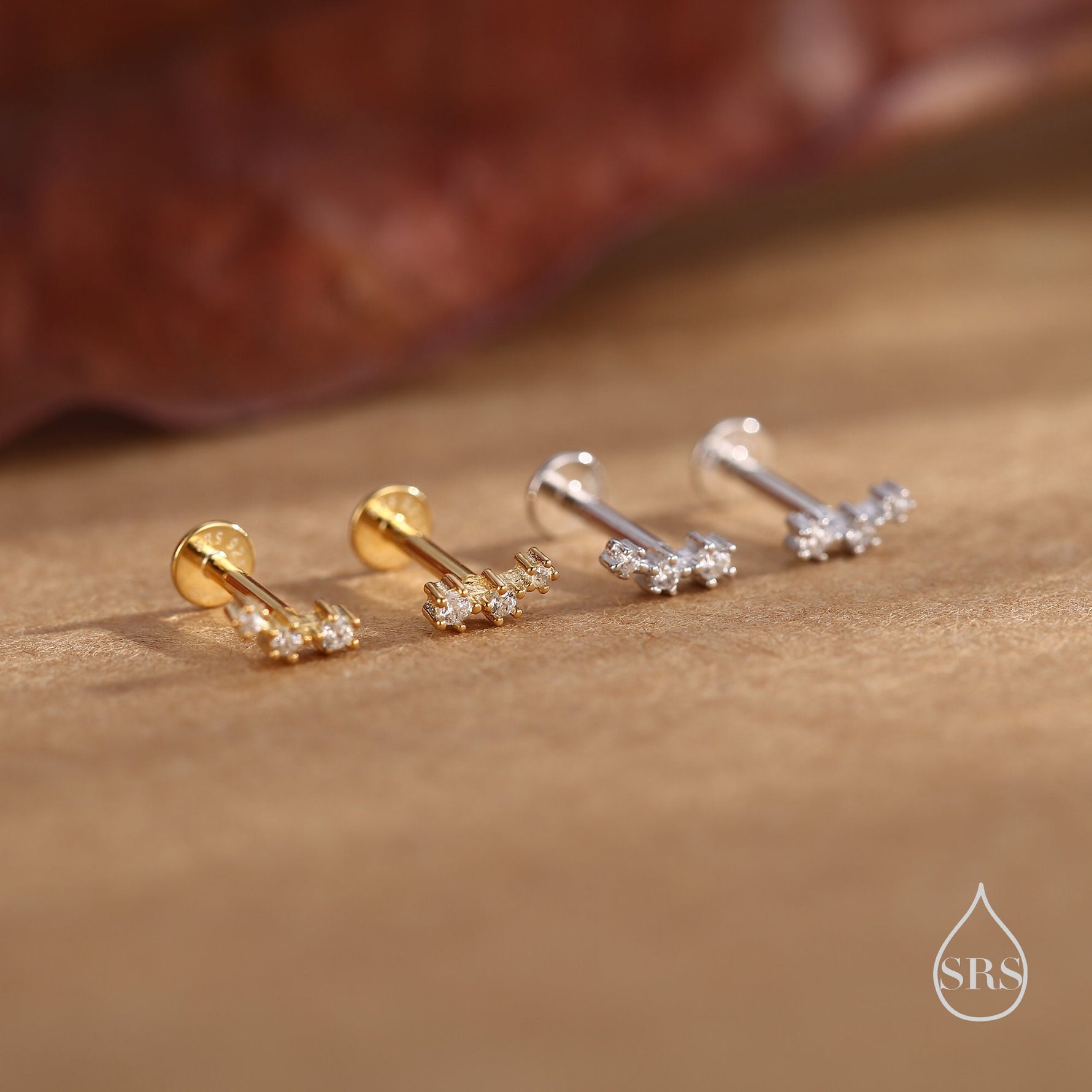 Tiny CZ Trio 16G Internally Threaded Flat Back Earrings in Sterling Silver