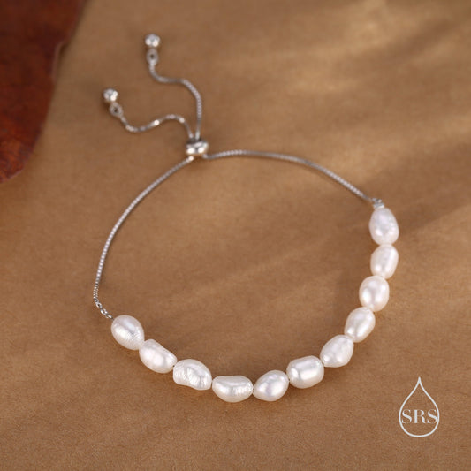 Sterling Silver Freshwater Baroque Pearl Slider Bracelet, Silver or Gold or Rose Gold, Genuine Fresh Water Pearls, Natural Pearl Bracelet