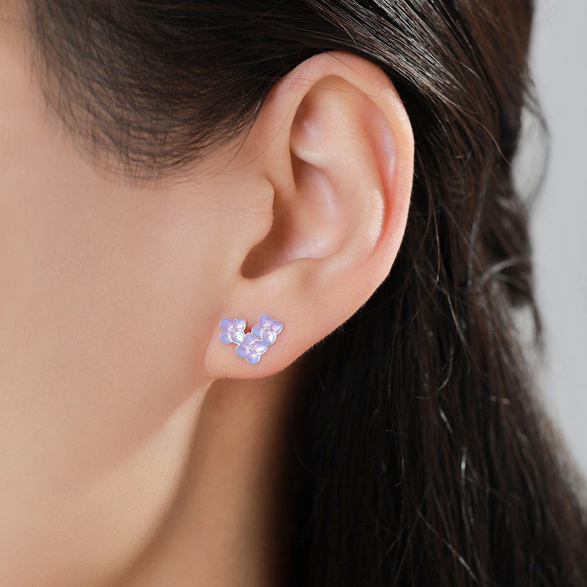 Purple Enamel Hydrangea Flower Bouquet Stud Earrings in Sterling Silver, Enamel Flower Earrings
