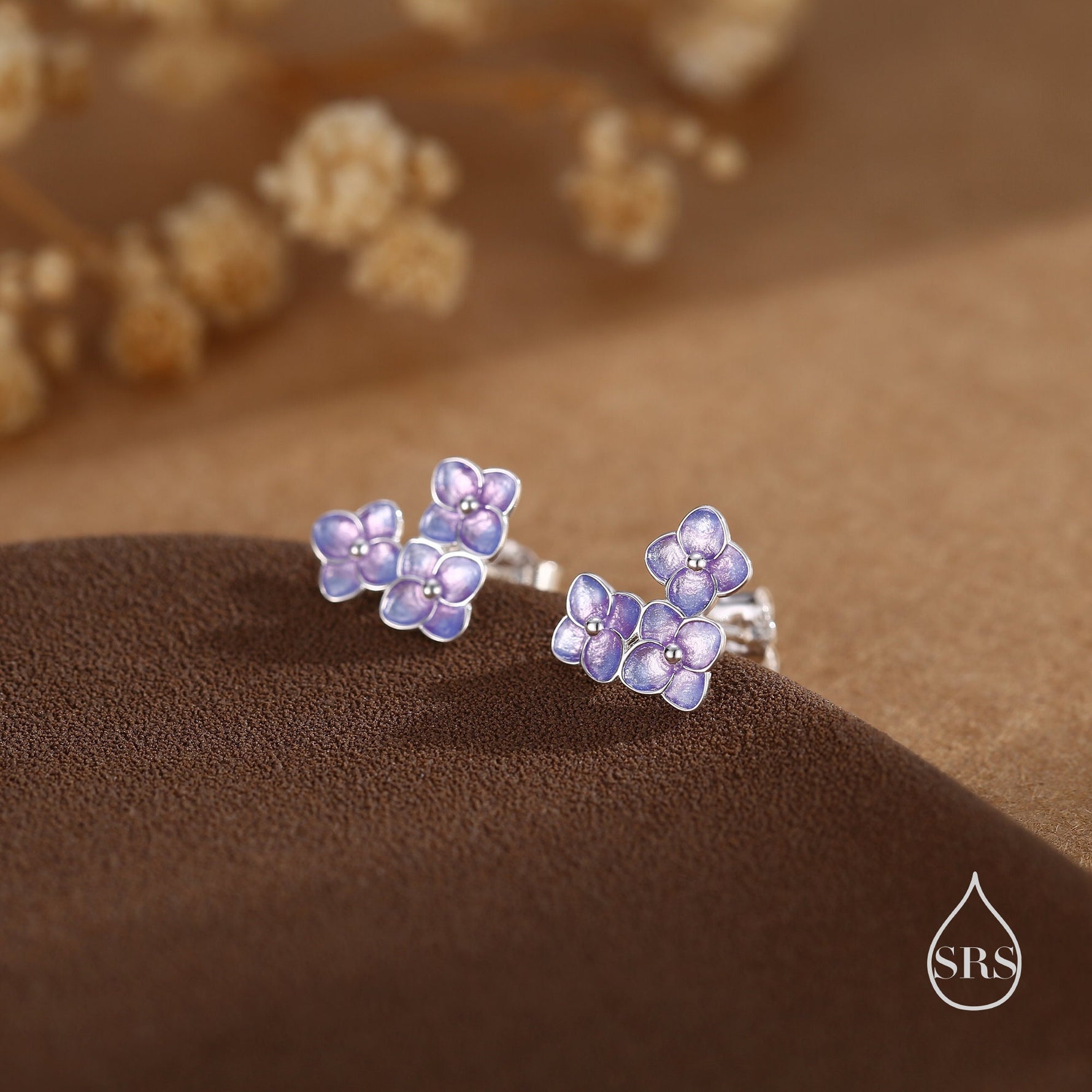 Purple Enamel Hydrangea Flower Bouquet Stud Earrings in Sterling Silver, Enamel Flower Earrings