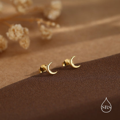 Internally Threaded Flat Back Tiny Moon Earrings in Sterling Silver, Silver or Gold or Rose Gold, Also available in Ball Screw Back Earrings