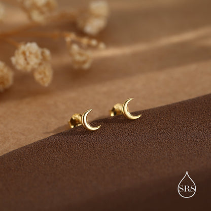 Tiny Moon Earrings in Sterling Silver, Silver or Gold or Rose Gold, Available as Stud / Flat Back / Screw Back Earrings, Celestial Earrings,