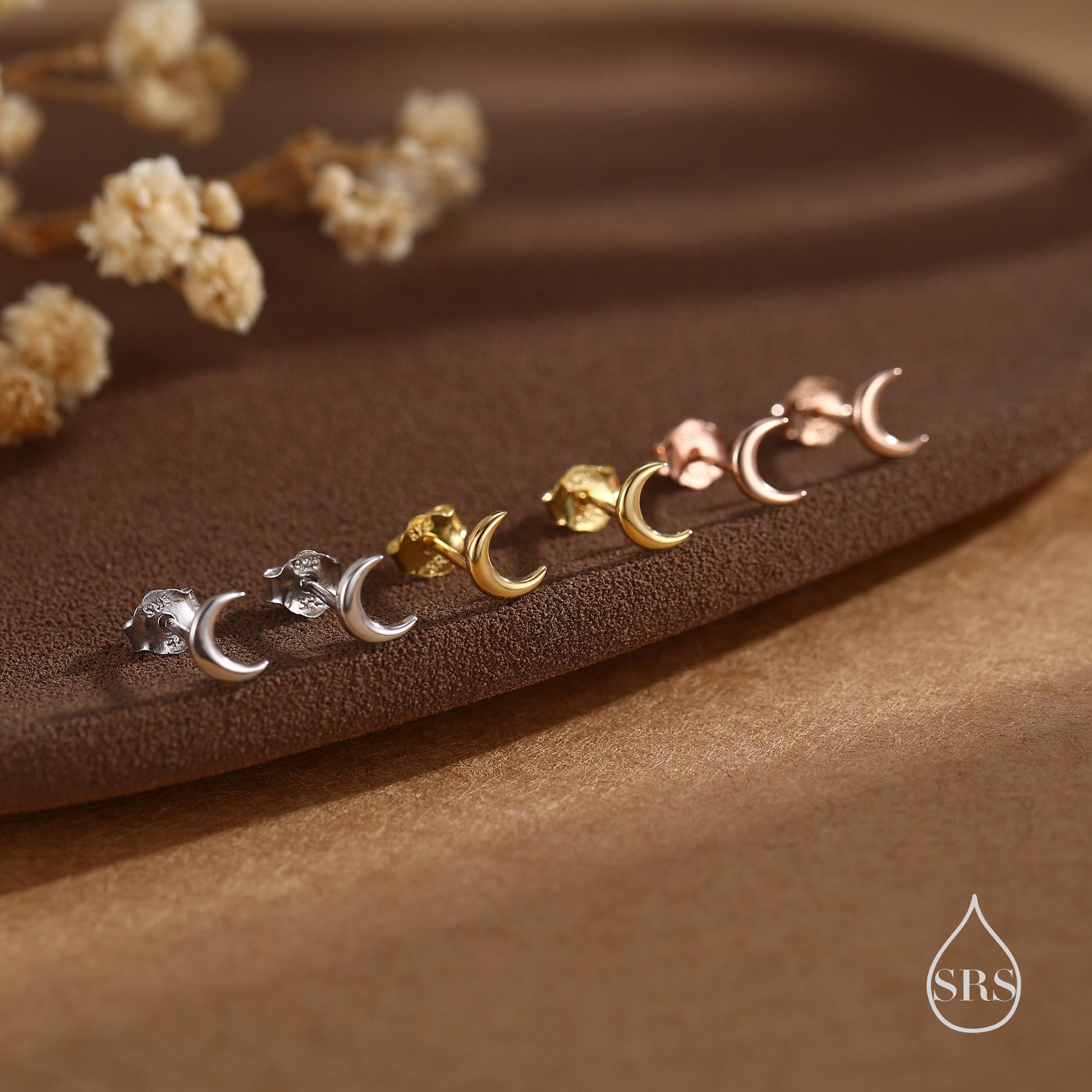 Tiny Moon Earrings in Sterling Silver, Silver or Gold or Rose Gold, Available as Stud / Flat Back / Screw Back Earrings, Celestial Earrings,