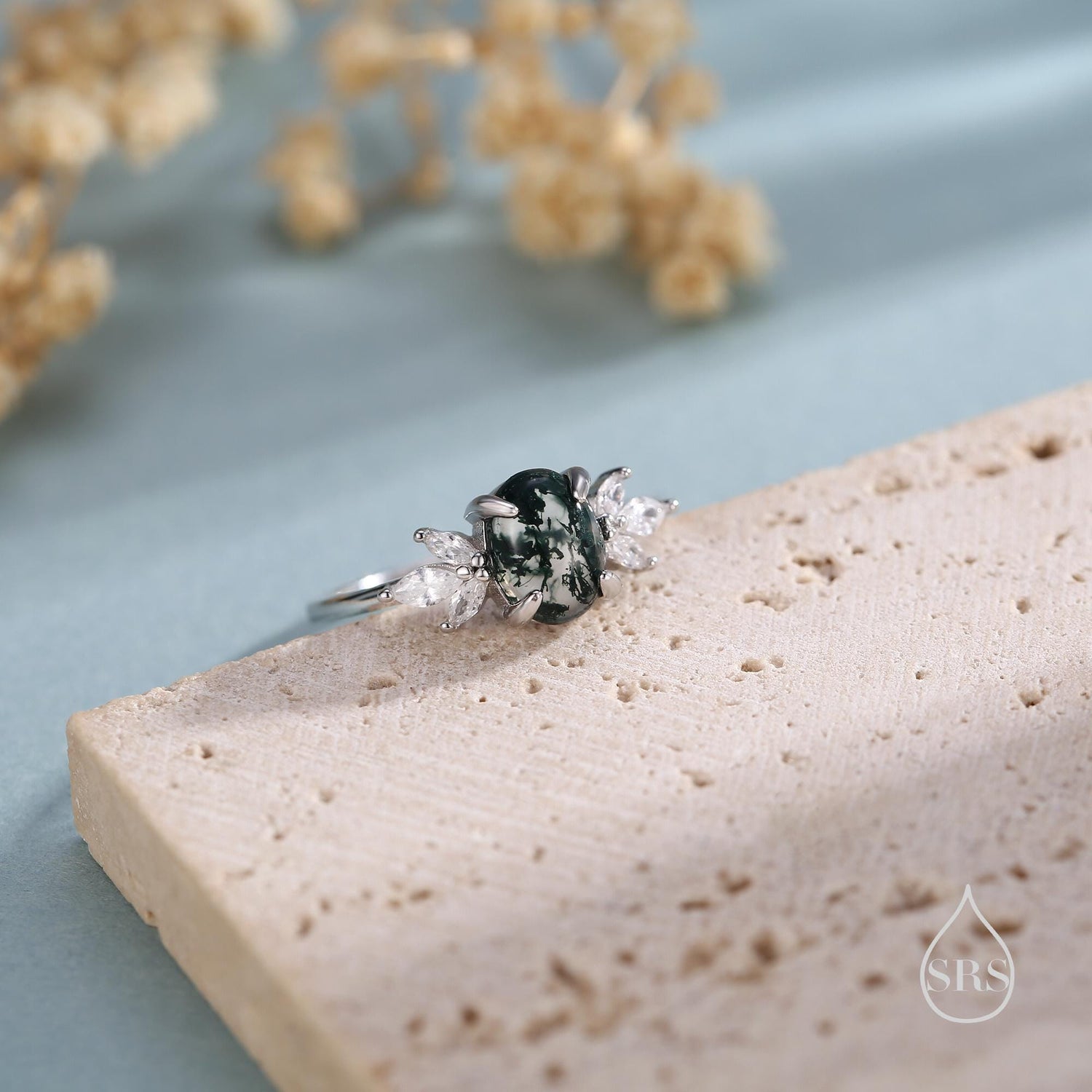 Oval Cabochon Moss Agate with CZ Engagement Ring in Sterling Silver, US Size 5 6 7 8, Oval Cut Shape Moss Agate Ring
