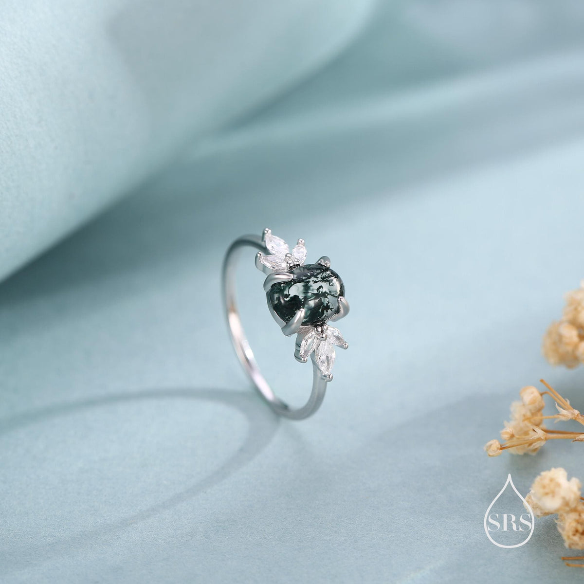 Oval Cabochon Moss Agate with CZ Engagement Ring in Sterling Silver, US Size 5 6 7 8, Oval Cut Shape Moss Agate Ring