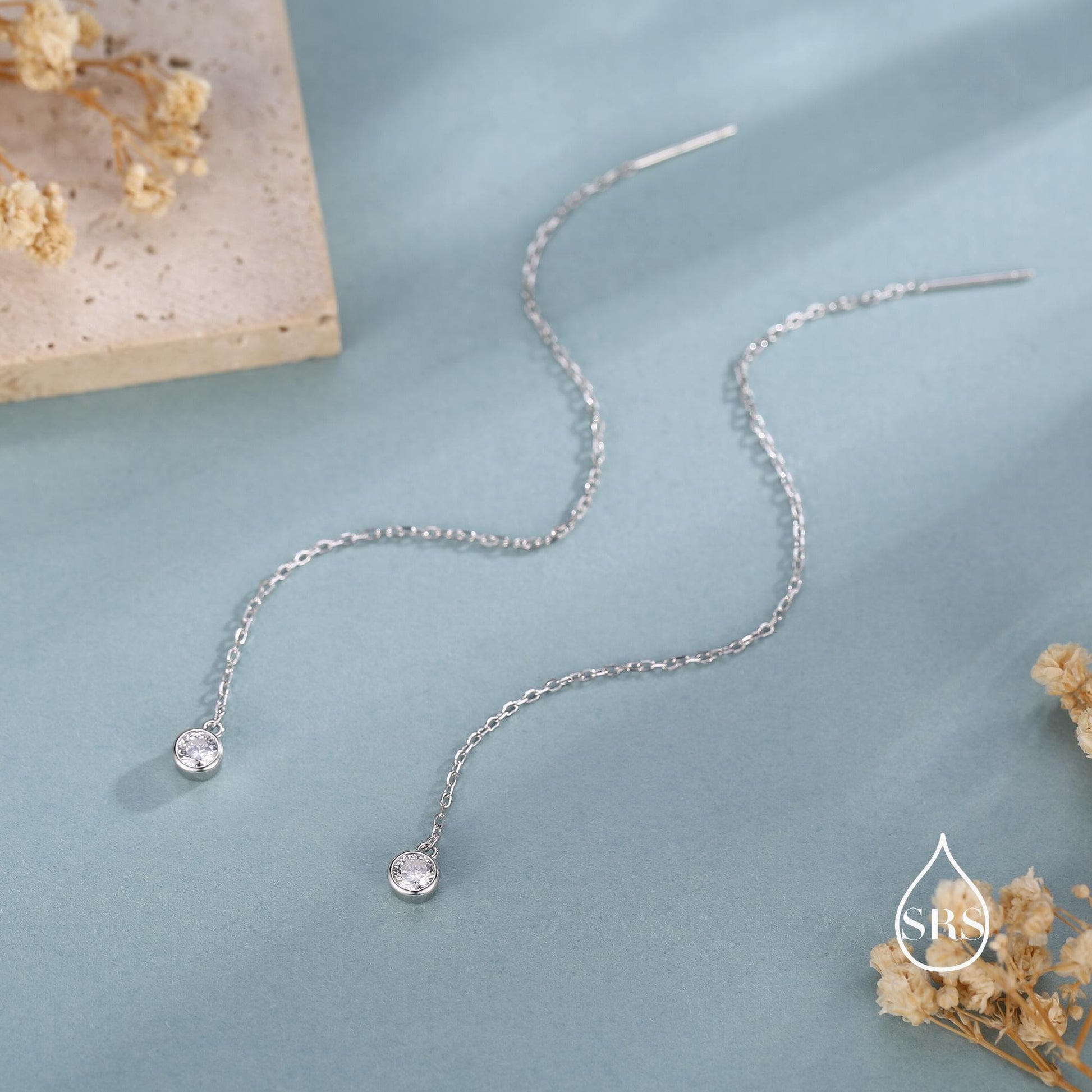 CZ Dot Threader Earrings in Sterling Silver, Silver or Gold, Minimalist Double Piercing Ear Threaders, April Birthstone, Very Long Threaders