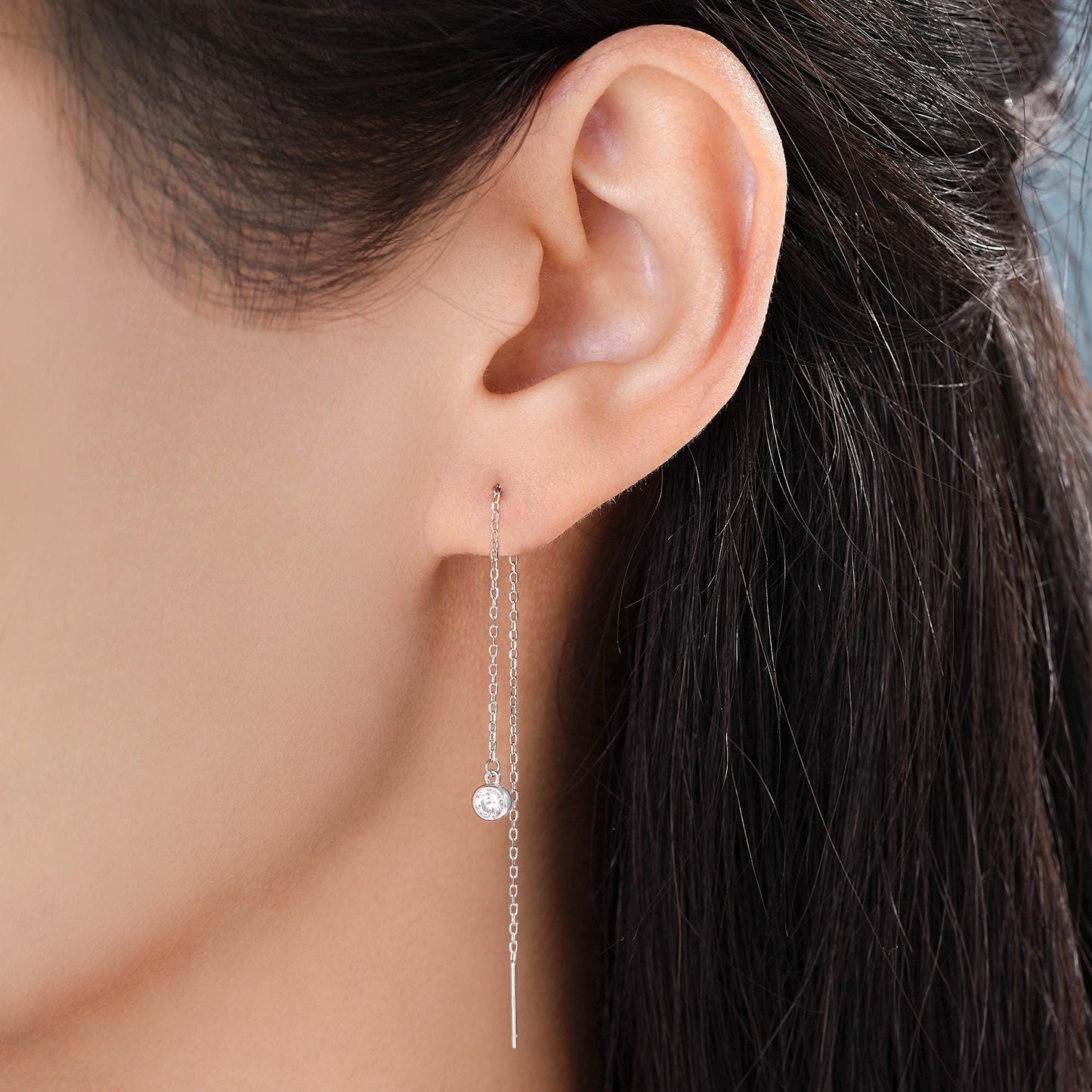 CZ Dot Threader Earrings in Sterling Silver, Silver or Gold, Minimalist Double Piercing Ear Threaders, April Birthstone, Very Long Threaders