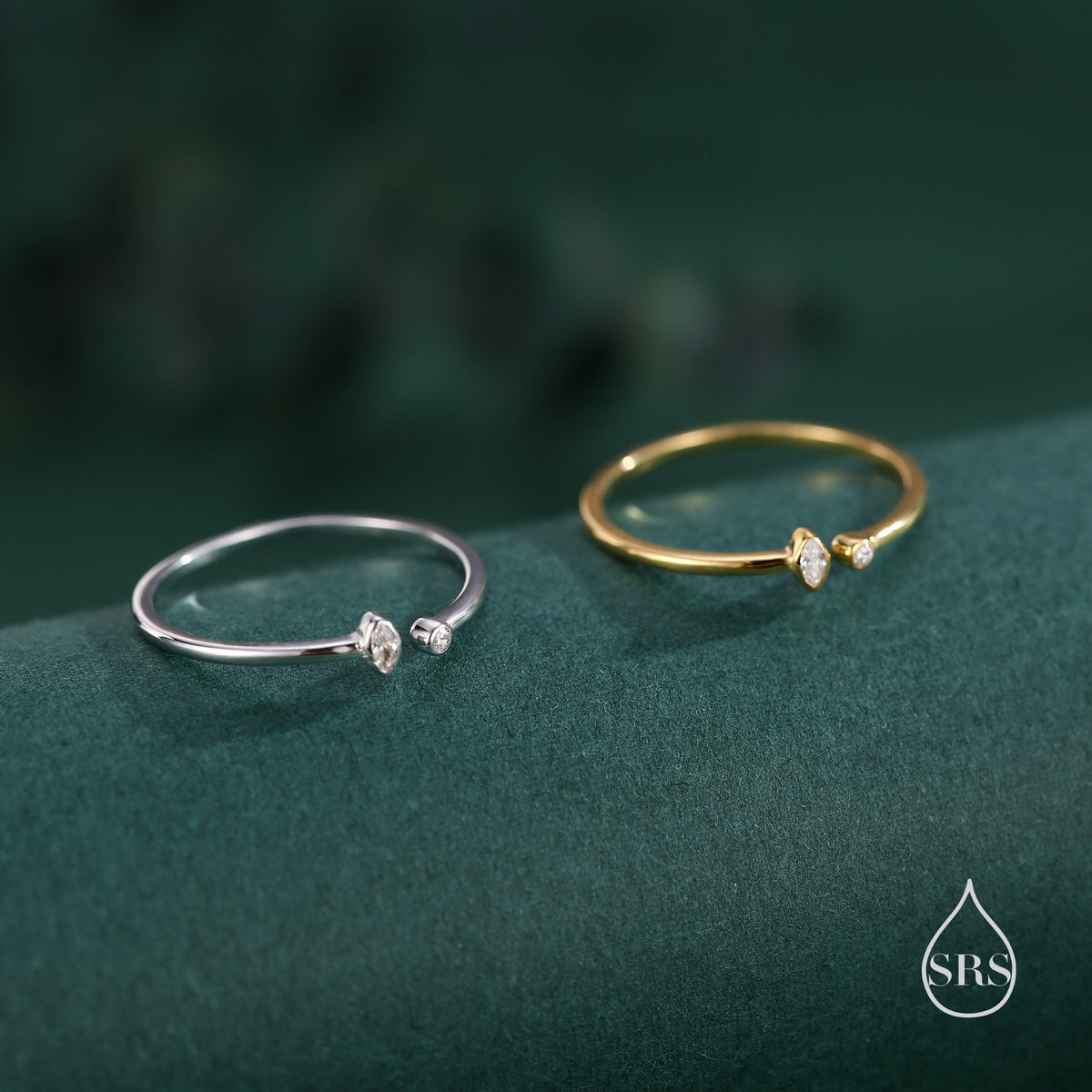 CZ Marquise Open Ring in Sterling Silver, Silver or Gold, Adjustable, Geometric Minimalist CZ Ring
