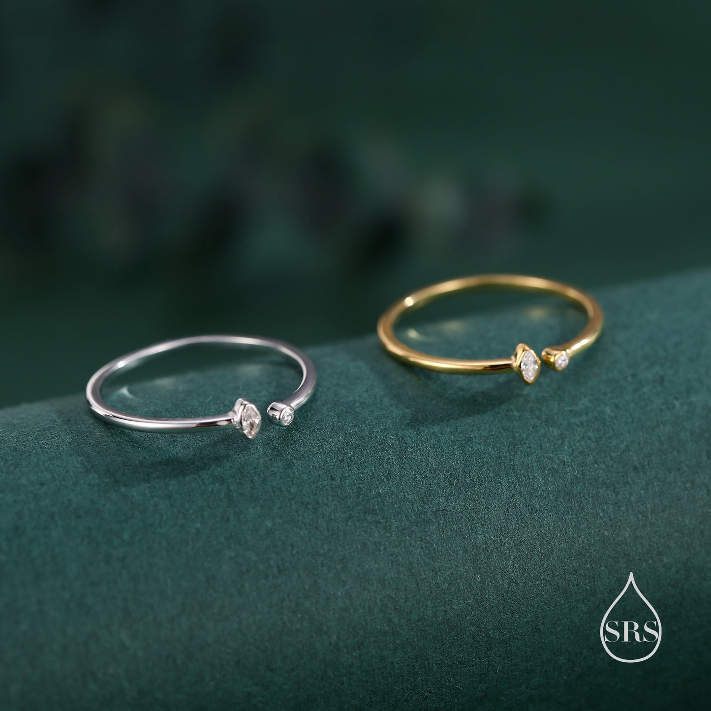 CZ Marquise Open Ring in Sterling Silver, Silver or Gold, Adjustable, Geometric Minimalist CZ Ring