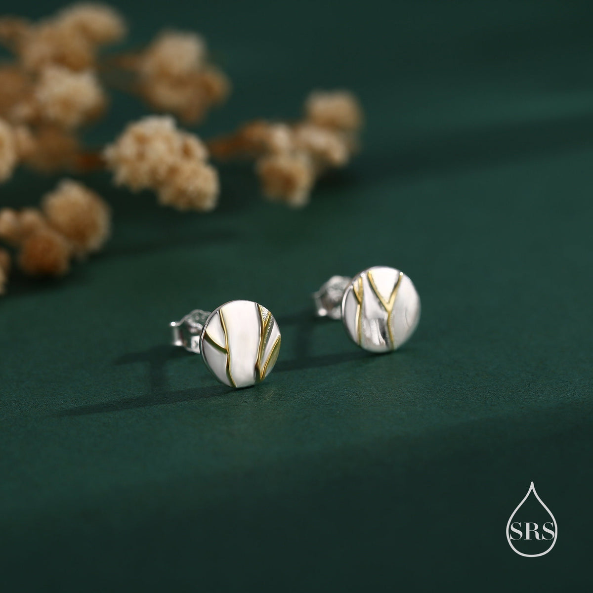 Japanese Kintsugi Inspired Disk Stud Earrings in Sterling Silver, Kintsugi - Art of Embracing of the Flawed or Imperfect