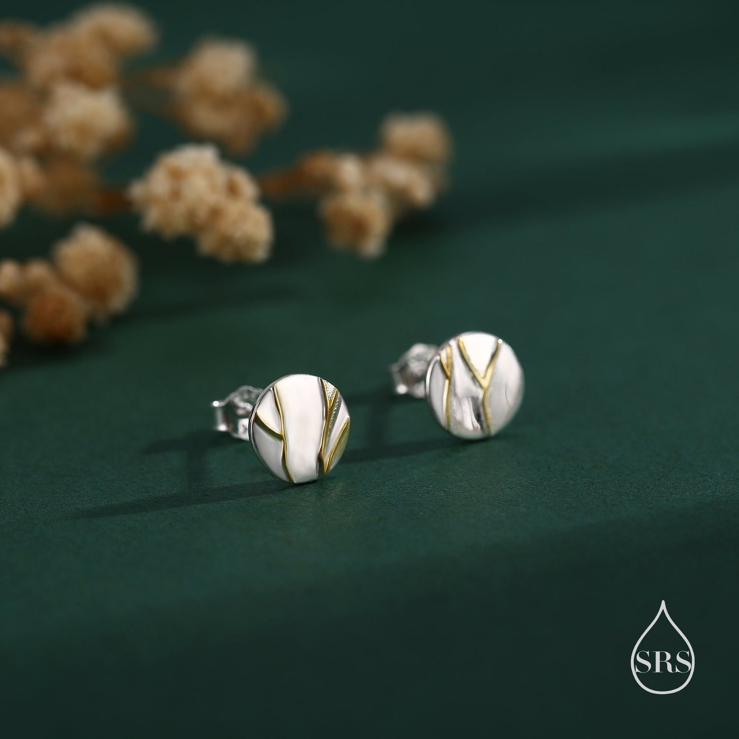 Japanese Kintsugi Inspired Disk Stud Earrings in Sterling Silver, Kintsugi - Art of Embracing of the Flawed or Imperfect