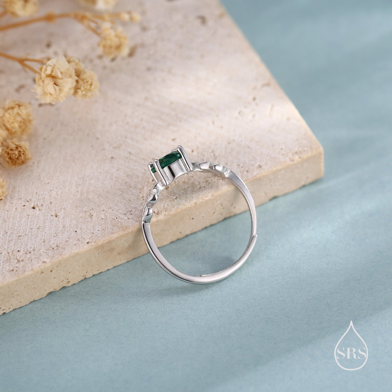 Emerald Green CZ and Leaf Single Stone Ring in Sterling Silver, Adjustable Size, Botanical Jewellery, Lab Created Zircon Ring
