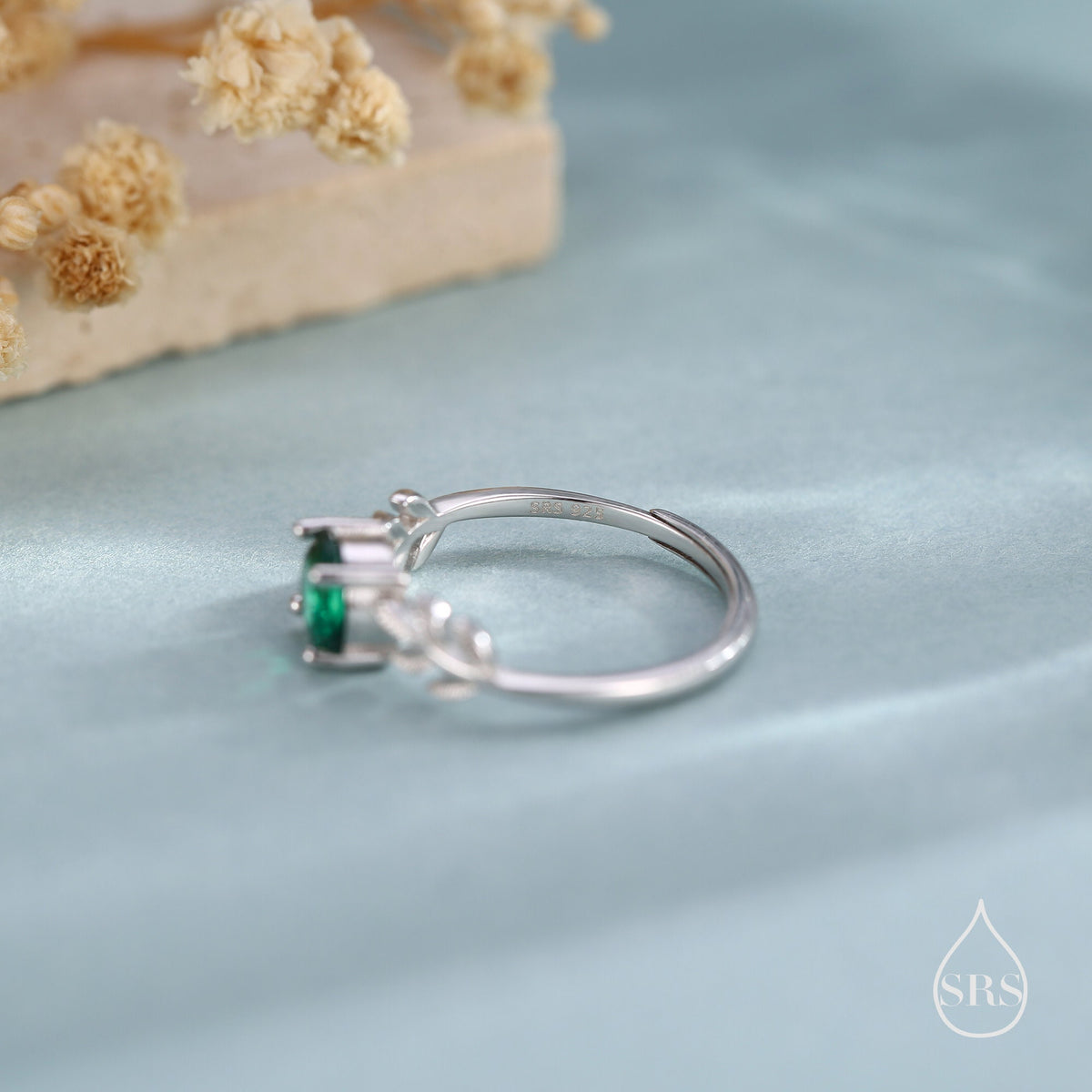 Emerald Green CZ and Leaf Single Stone Ring in Sterling Silver, Adjustable Size, Botanical Jewellery, Lab Created Zircon Ring
