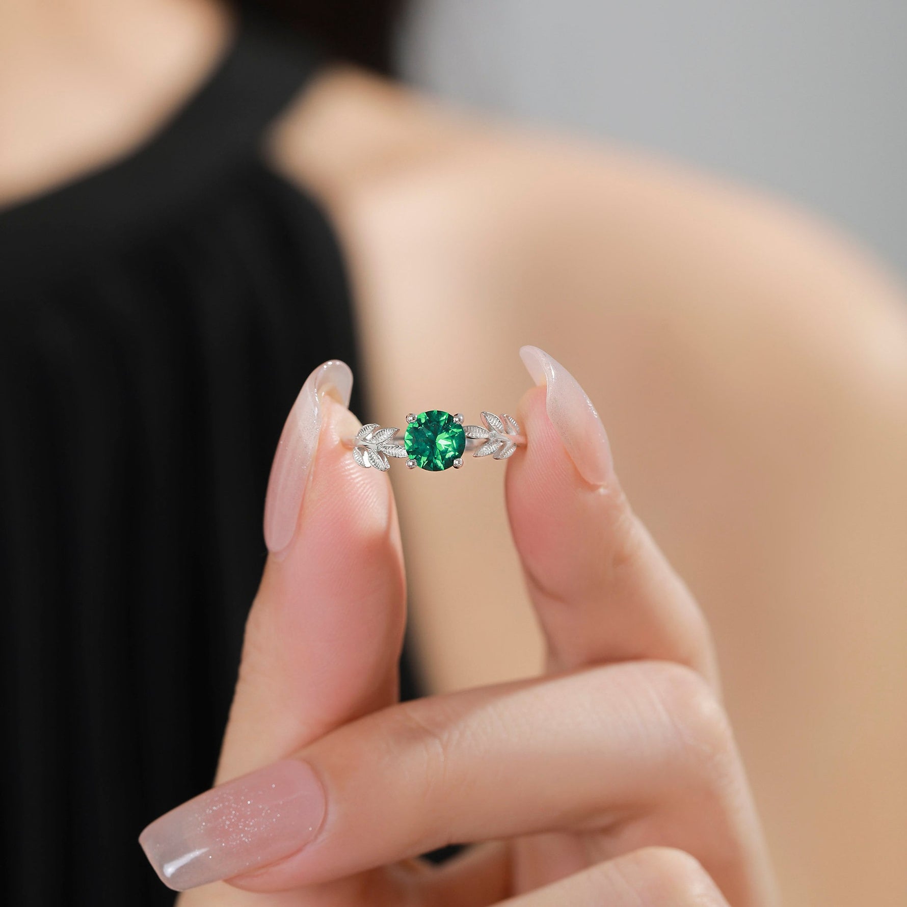 Emerald Green CZ and Leaf Single Stone Ring in Sterling Silver, Adjustable Size, Botanical Jewellery, Lab Created Zircon Ring