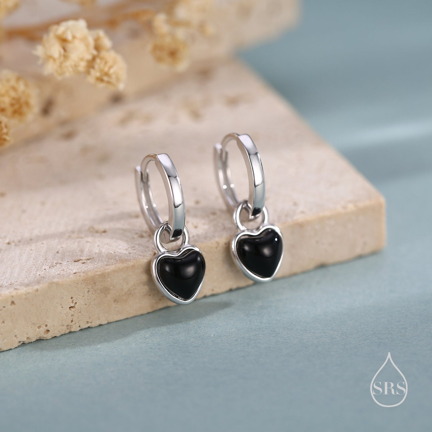 Natural Black Onyx Heart Dangle Huggie Hoop Earrings in Sterling Silver, Silver or Gold,  Detachable Genuine Black Onyx Heart Charm Hoops