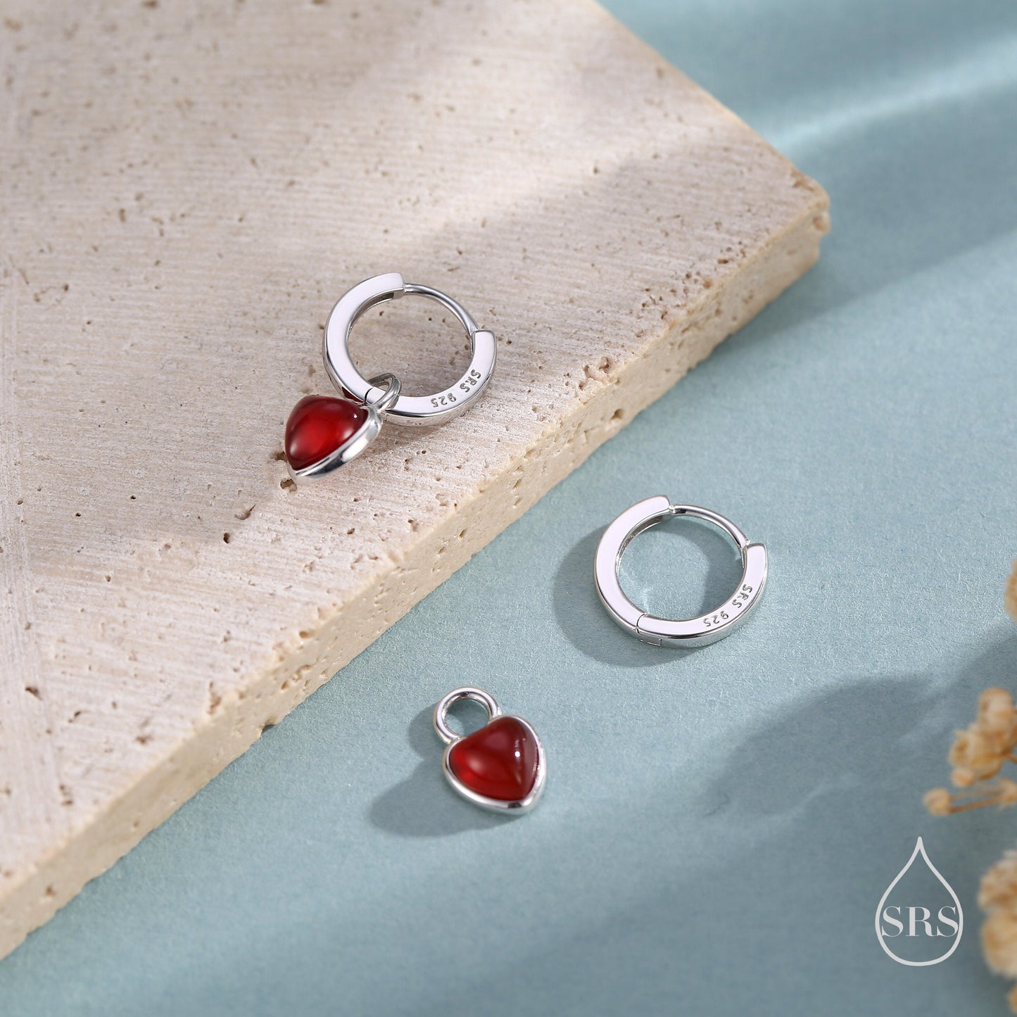 Natural Red Onyx Heart Dangle Huggie Hoop Earrings in Sterling Silver, Silver or Gold, Detachable Genuine Red Onyx Heart Charm Hoops