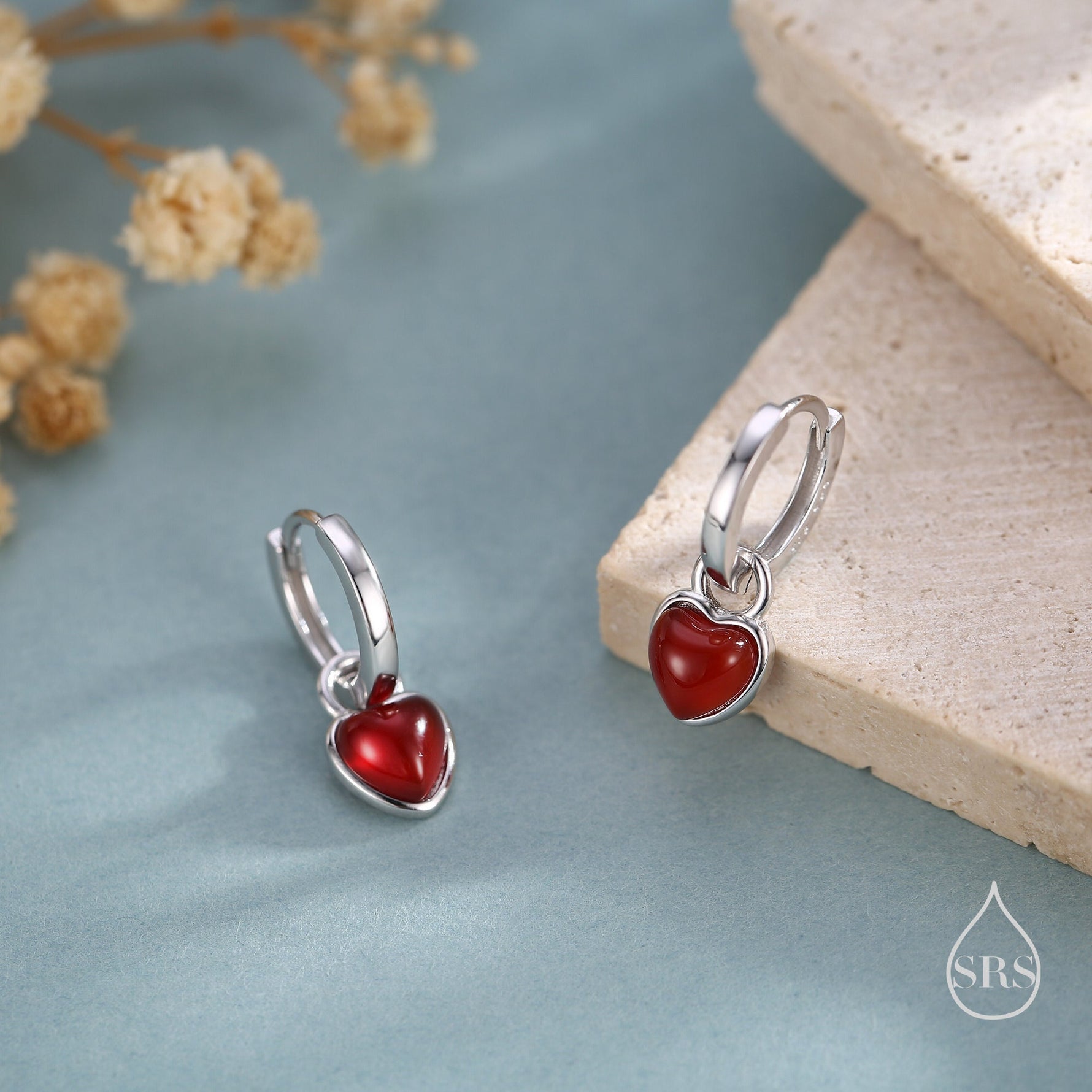 Natural Red Onyx Heart Dangle Huggie Hoop Earrings in Sterling Silver, Silver or Gold, Detachable Genuine Red Onyx Heart Charm Hoops