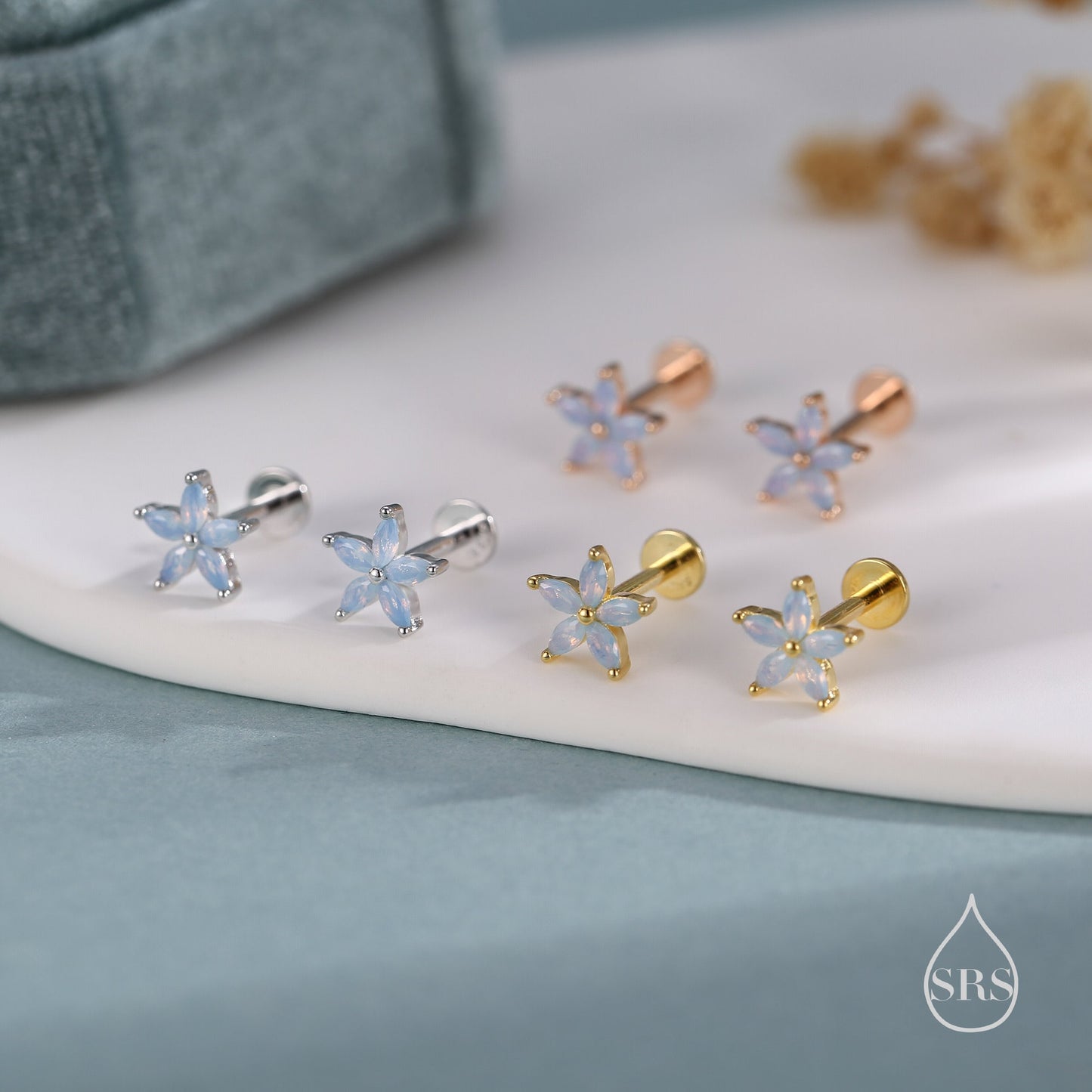 Opal Blue CZ Flower Internally Threaded Flat Back/ Screw Backs/ Stud Earrings in Sterling Silver, Silver or Gold,  Forget Me Not Flower Stud