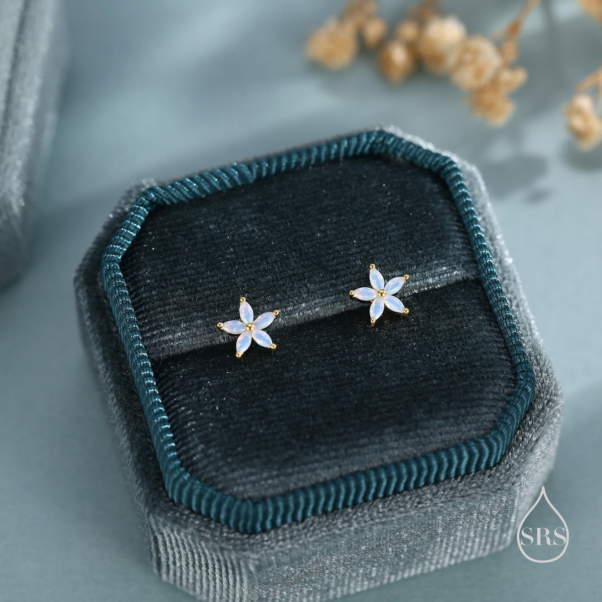 Opal Blue CZ Flower 18G Screw Back Earrings in Sterling Silver