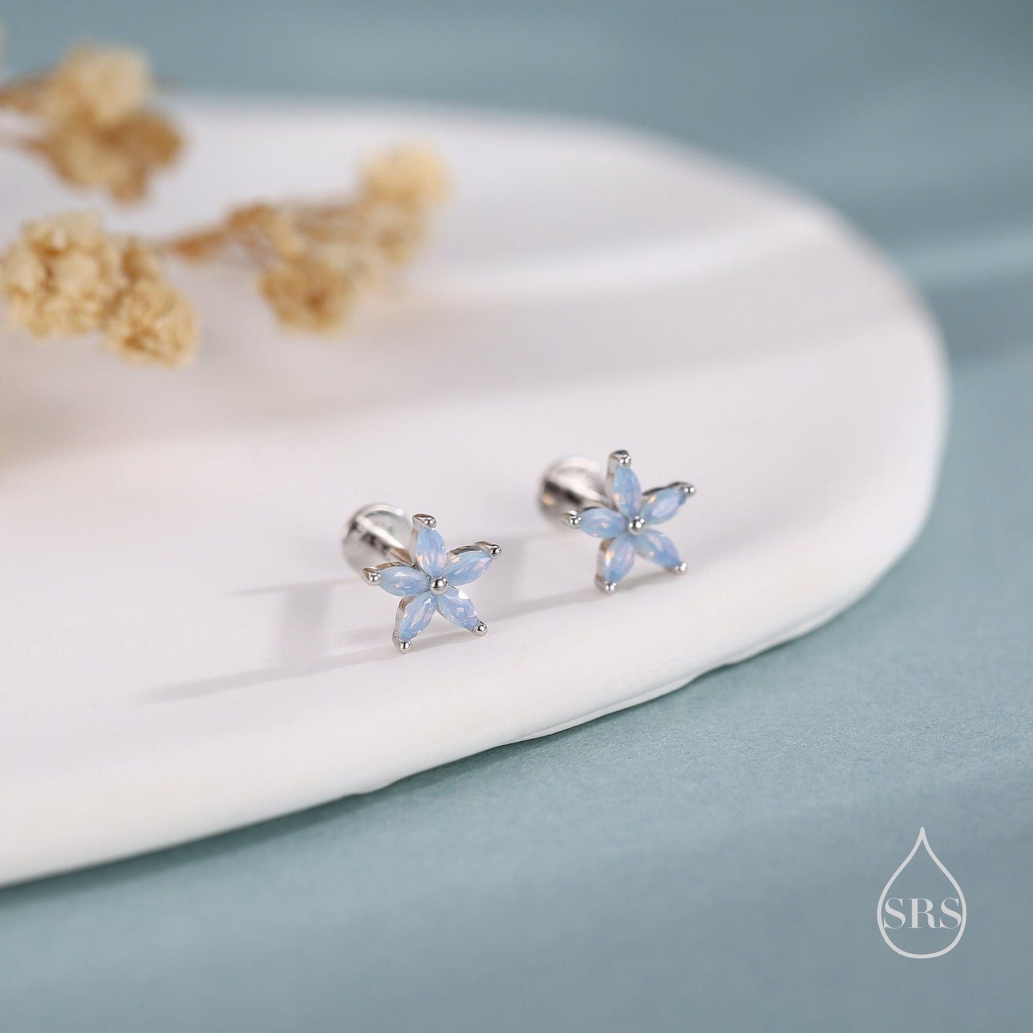 Opal Blue CZ Flower 16G Internally Threaded Flat Back Earrings in Sterling Silver