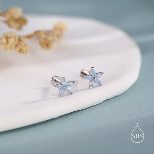 Opal Blue CZ Flower Internally Threaded Flat Back/ Screw Back/ Stud Earrings in Sterling Silver, Silver or Gold,  Forget Me Not Flower Stud