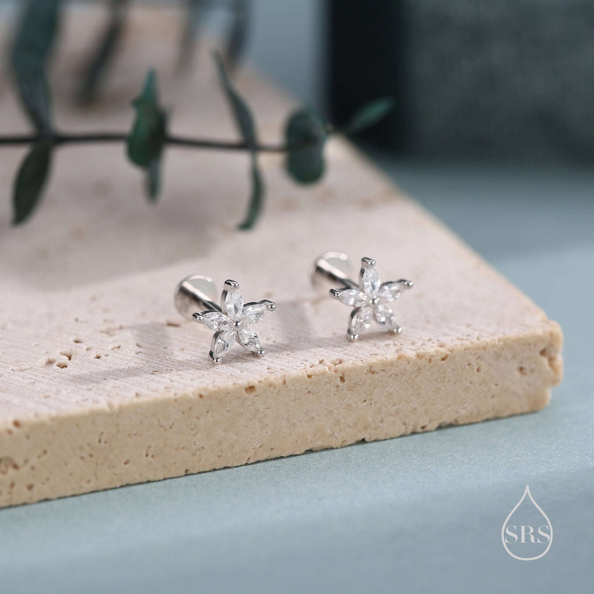 Sterling Silver CZ Flower Internally Threaded Flat Back /Screw Back Earrings, Gold or Silver or Rose Gold, Marquise CZ Screw Back Earrings