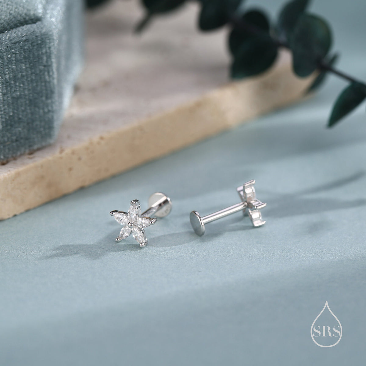 Sterling Silver CZ Flower 16G Internally Threaded Flat Back Earrings