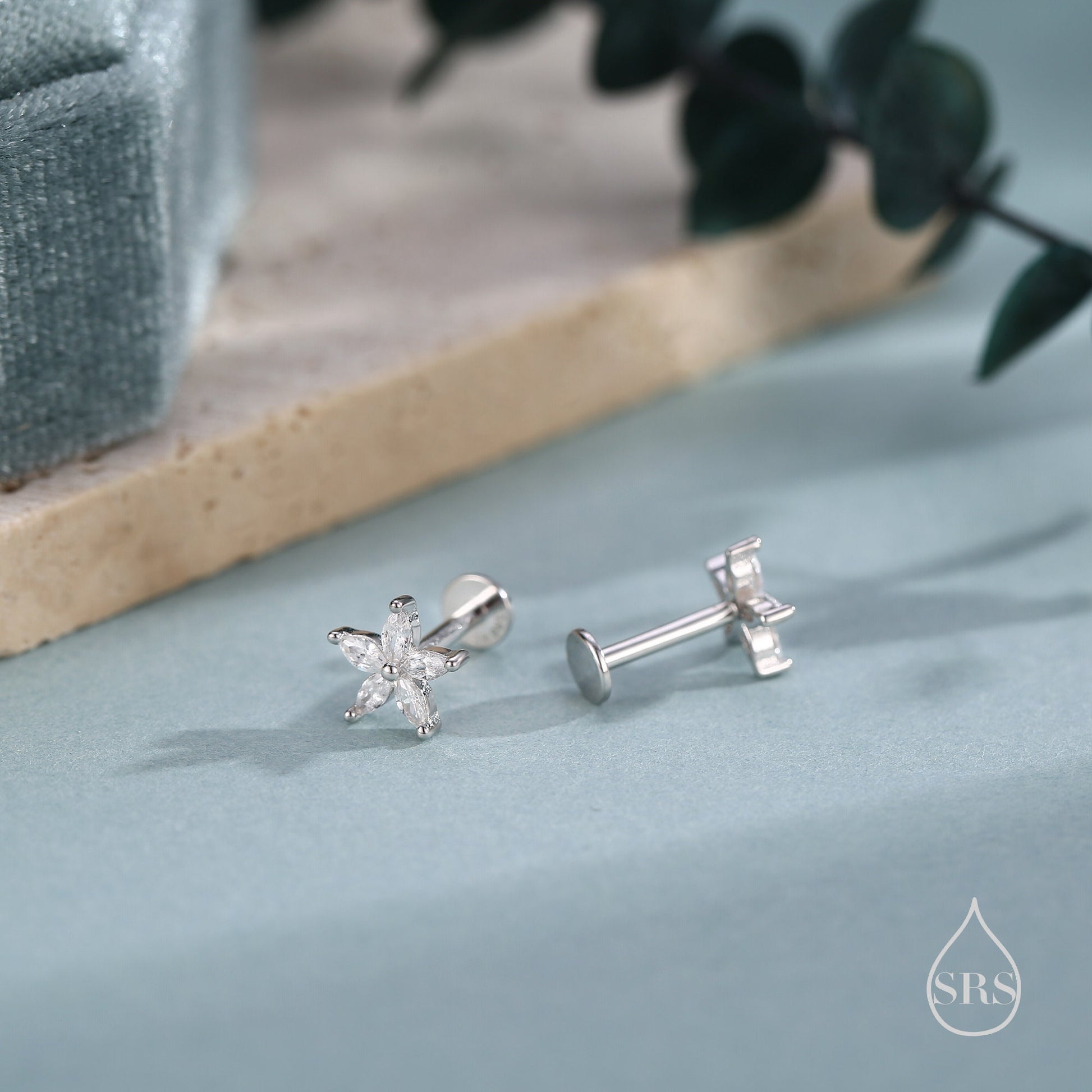 Sterling Silver CZ Flower Internally Threaded Flat Back /Screw Back Earrings, Gold or Silver or Rose Gold, Marquise CZ Screw Back Earrings