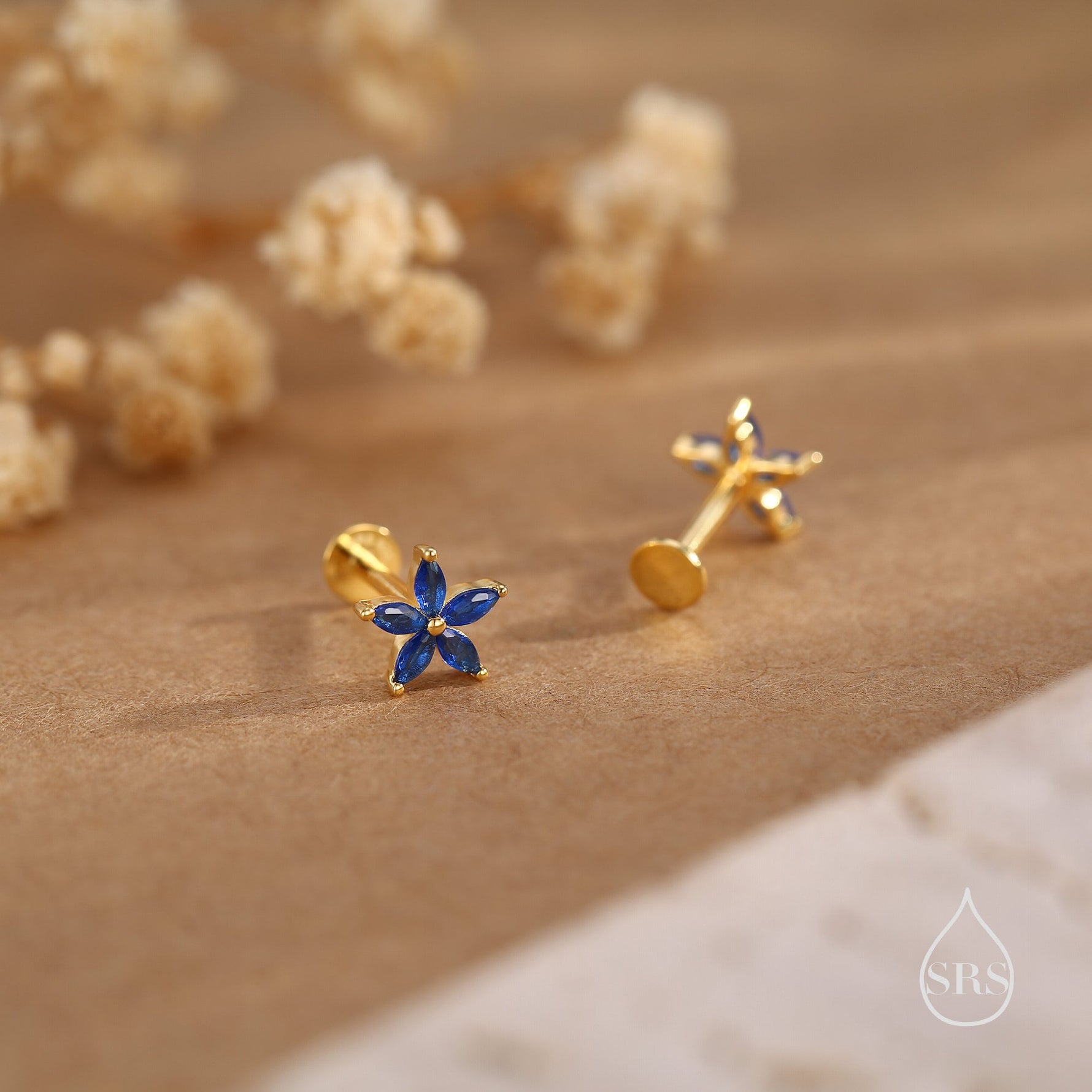 Blue CZ Flower Internally Threaded Flat Back Earrings in Sterling Silver