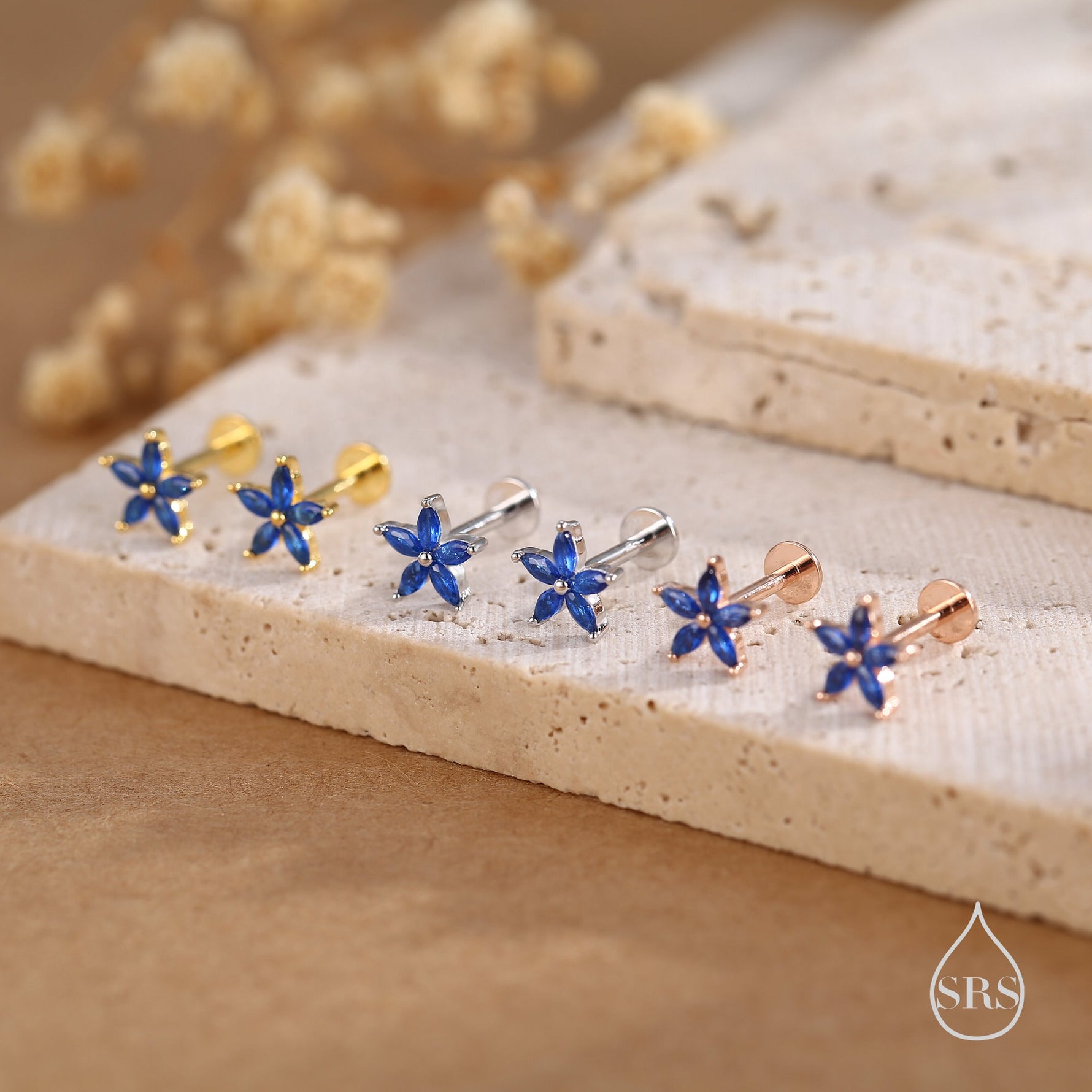 Blue CZ Flower Internally Threaded Flat Back Earrings in Sterling Silver