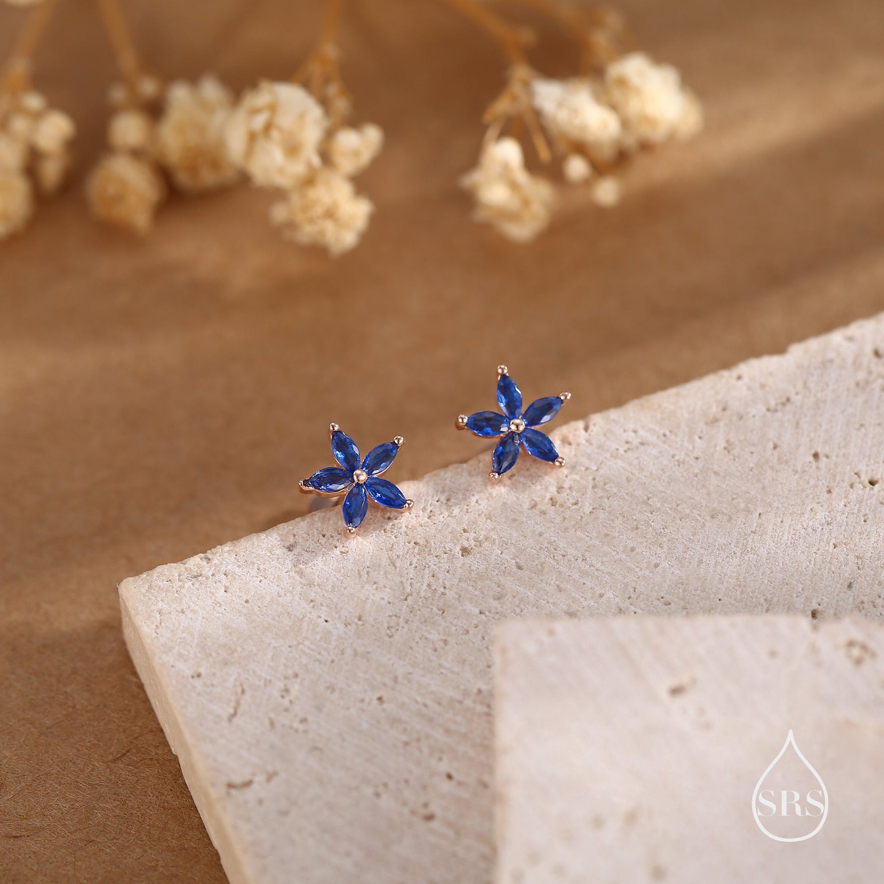 Blue CZ Flower Internally Threaded Flat Back Earrings in Sterling Silver
