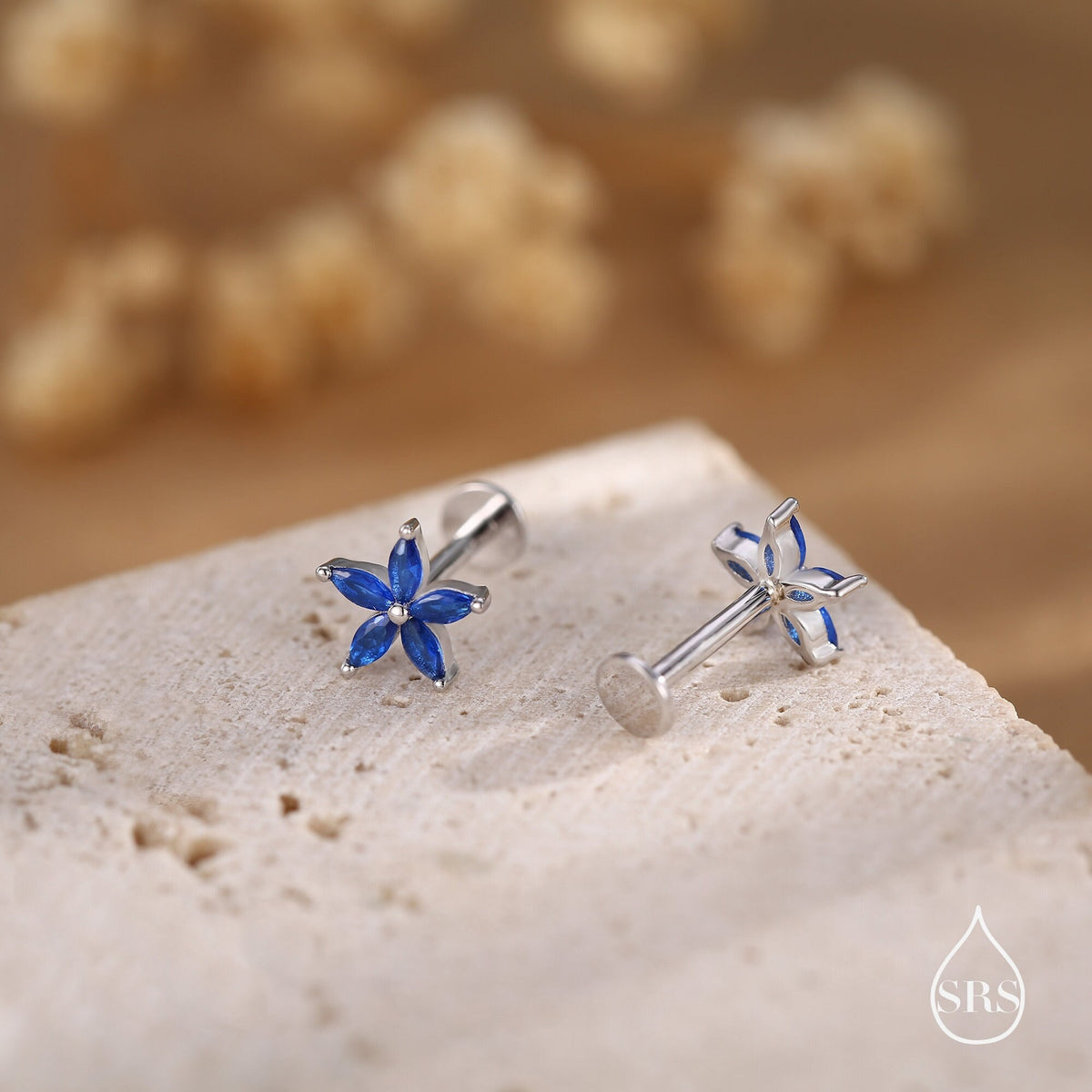 Blue CZ Flower Internally Threaded Flat Back Earrings in Sterling Silver