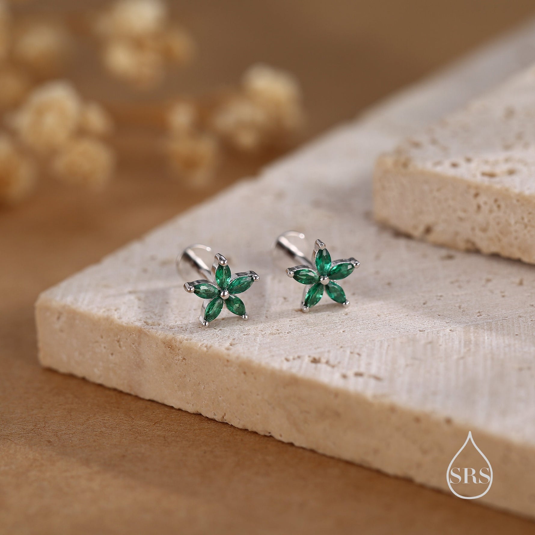 Emerald Green CZ Flower Internally Threaded Flat Back Earrings in Sterling Silver