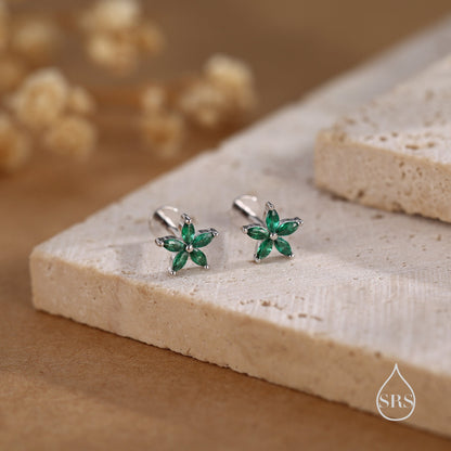 Emerald Green CZ Flower Internally Threaded Flat Back Earrings/ Screw Back Earrings in Sterling Silver,