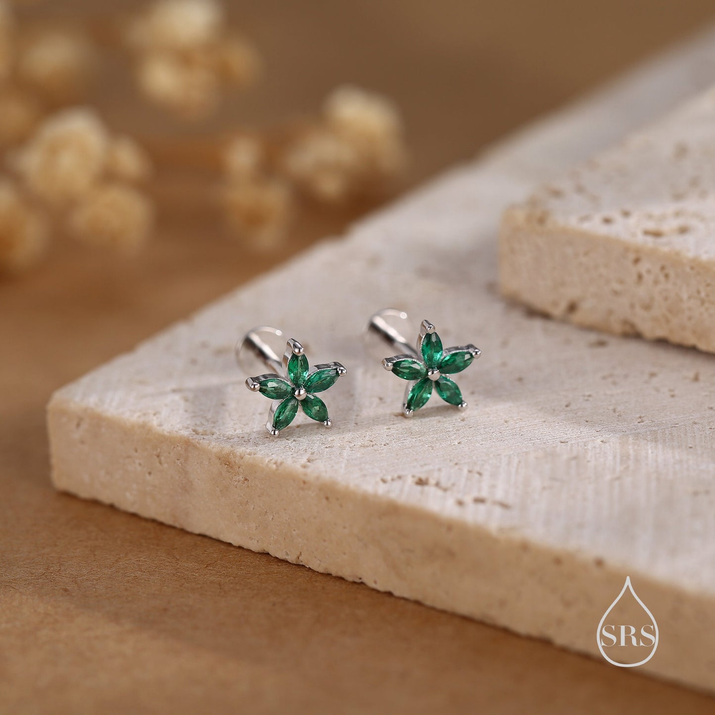Emerald Green CZ Flower Internally Threaded Flat Back Earrings/ Screw Back Earrings in Sterling Silver,
