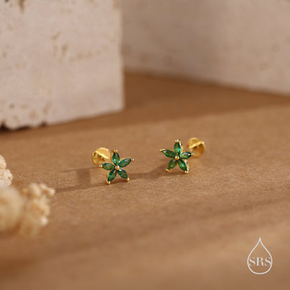 Emerald Green CZ Flower Internally Threaded Flat Back Earrings/ Screw Back Earrings in Sterling Silver,