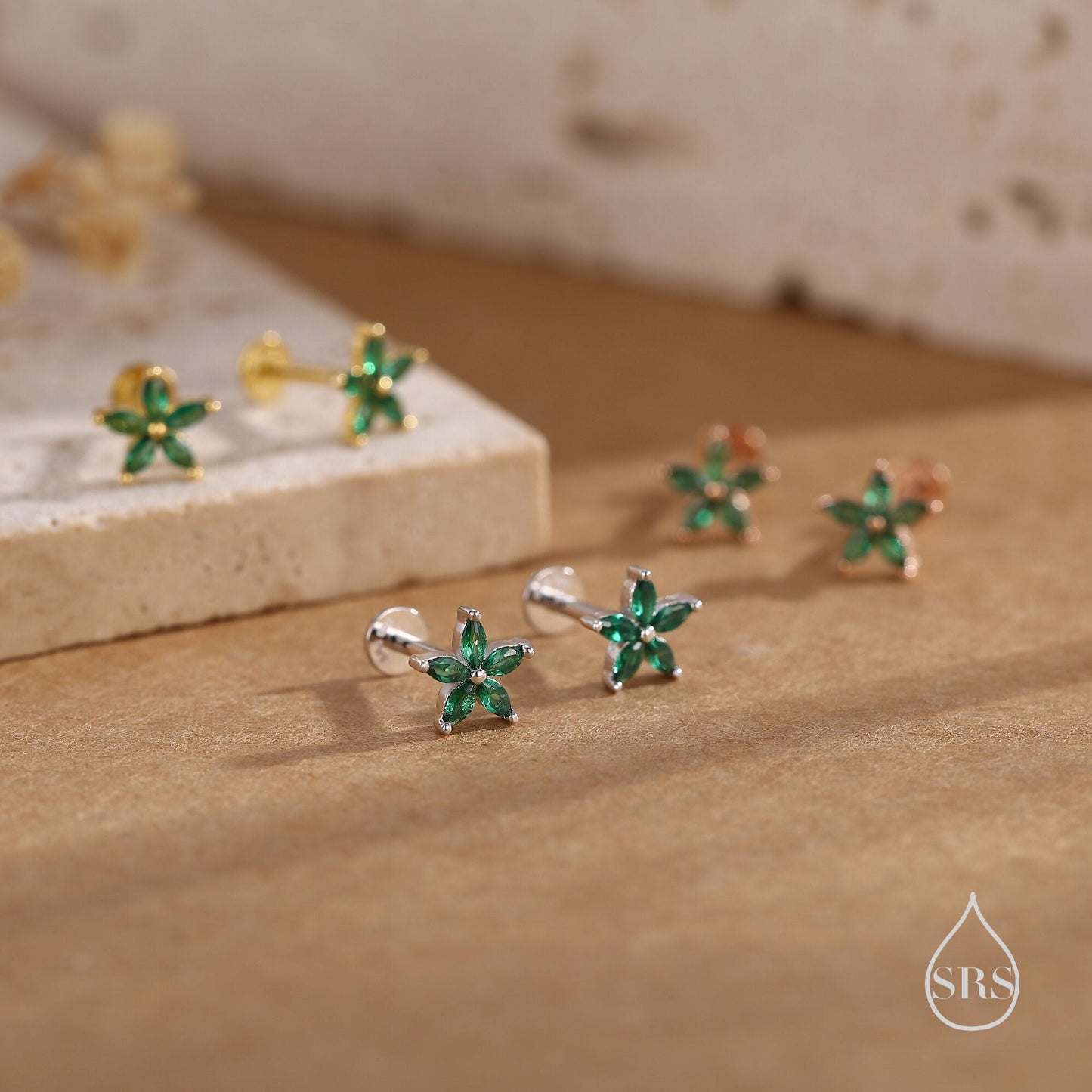 Emerald Green CZ Flower Internally Threaded Flat Back Earrings/ Screw Back Earrings in Sterling Silver,