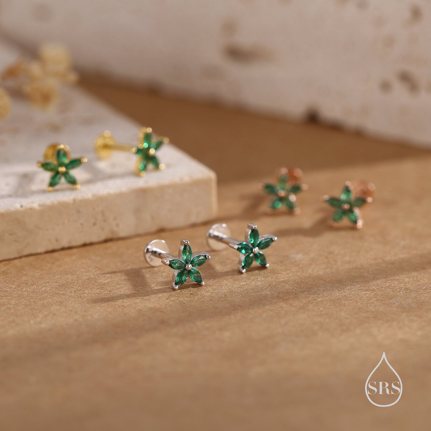 Emerald Green CZ Flower Internally Threaded Flat Back Earrings in Sterling Silver