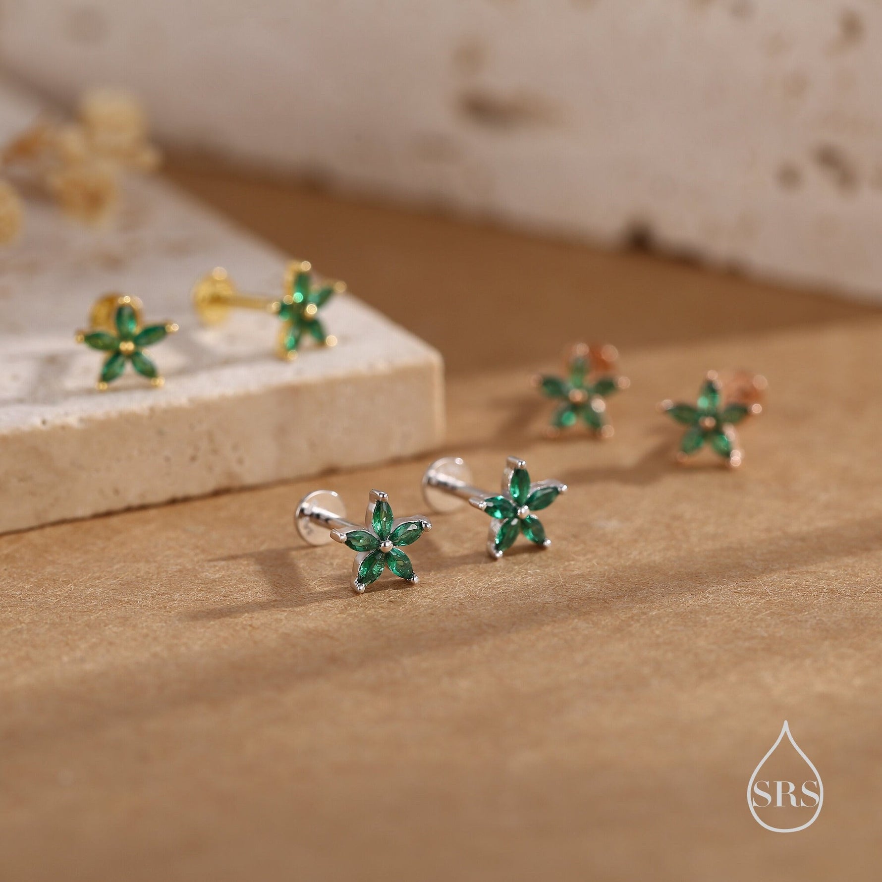 Emerald Green CZ Flower Internally Threaded Flat Back Earrings in Sterling Silver