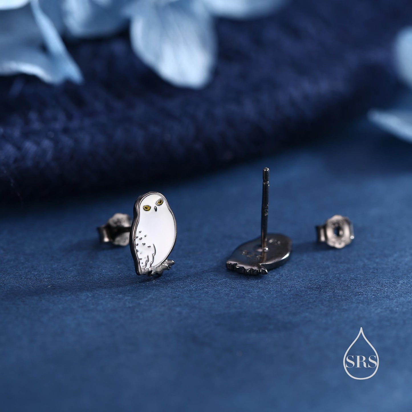 Sterling Silver Snowy Owl Bird Stud Earrings, Black Rhodium Coated Owl Bird Earrings, Nature Inspired Animal Earrings, Owl Stud