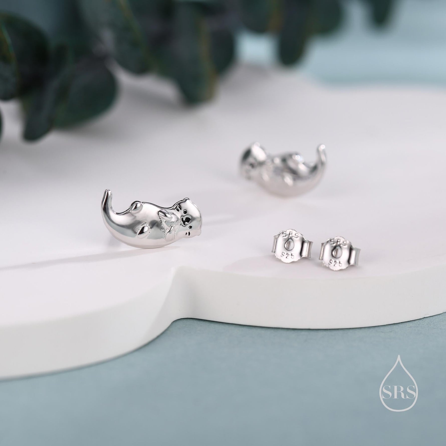 Otter Hugging Shell Stud Earrings in Sterling Silver - Silver, Gold or Rose Gold Finish - Cute Animal Earrings - Fun, Whimsical Earrings