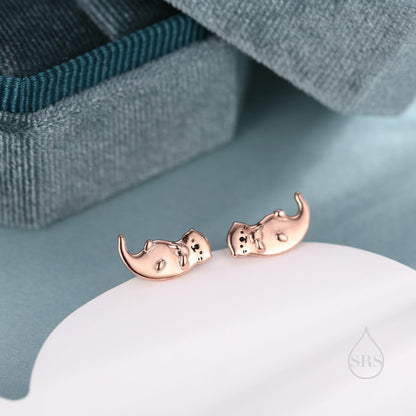 Otter Hugging Shell Stud Earrings in Sterling Silver - Silver, Gold or Rose Gold Finish - Cute Animal Earrings -  Fun, Whimsical Earrings