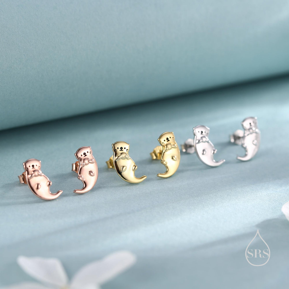 Otter Hugging Shell Stud Earrings in Sterling Silver - Silver, Gold or Rose Gold Finish - Cute Animal Earrings - Fun, Whimsical Earrings