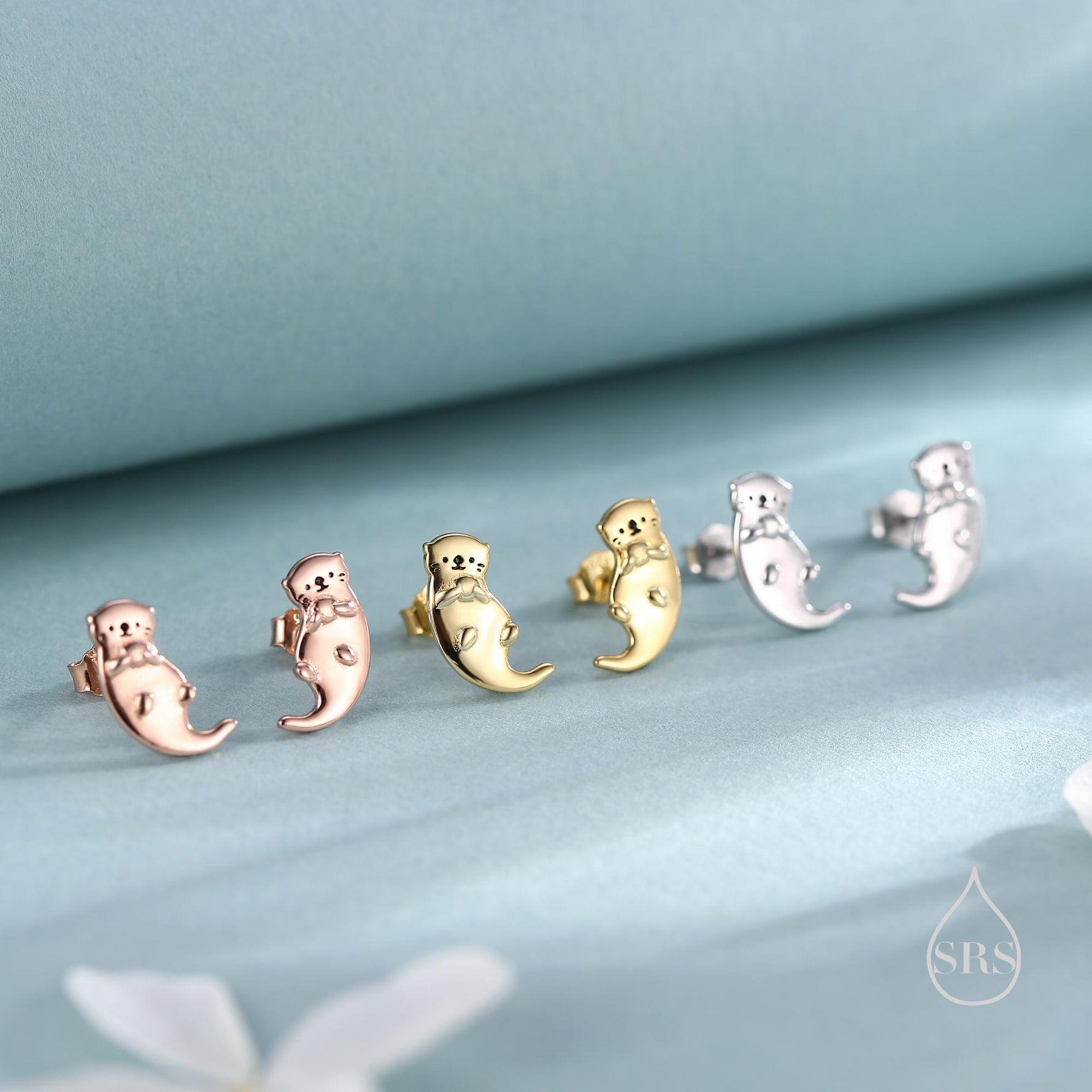 Otter Hugging Shell Stud Earrings in Sterling Silver - Silver, Gold or Rose Gold Finish - Cute Animal Earrings - Fun, Whimsical Earrings
