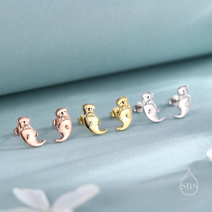 Otter Hugging Shell Stud Earrings in Sterling Silver - Silver, Gold or Rose Gold Finish - Cute Animal Earrings -  Fun, Whimsical Earrings