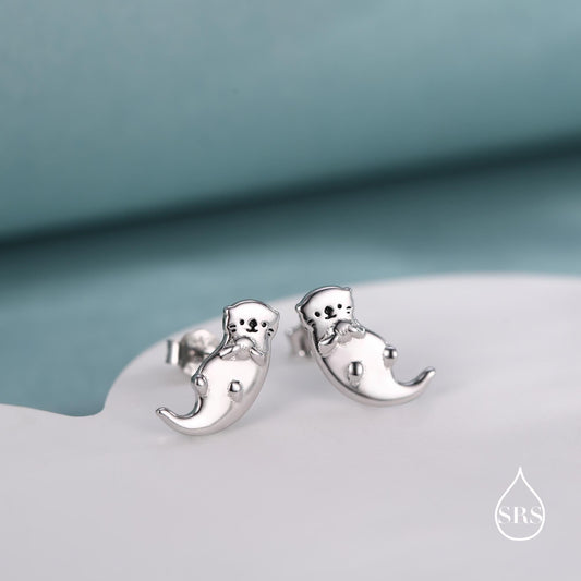 Otter Hugging Shell Stud Earrings in Sterling Silver - Silver, Gold or Rose Gold Finish - Cute Animal Earrings - Fun, Whimsical Earrings