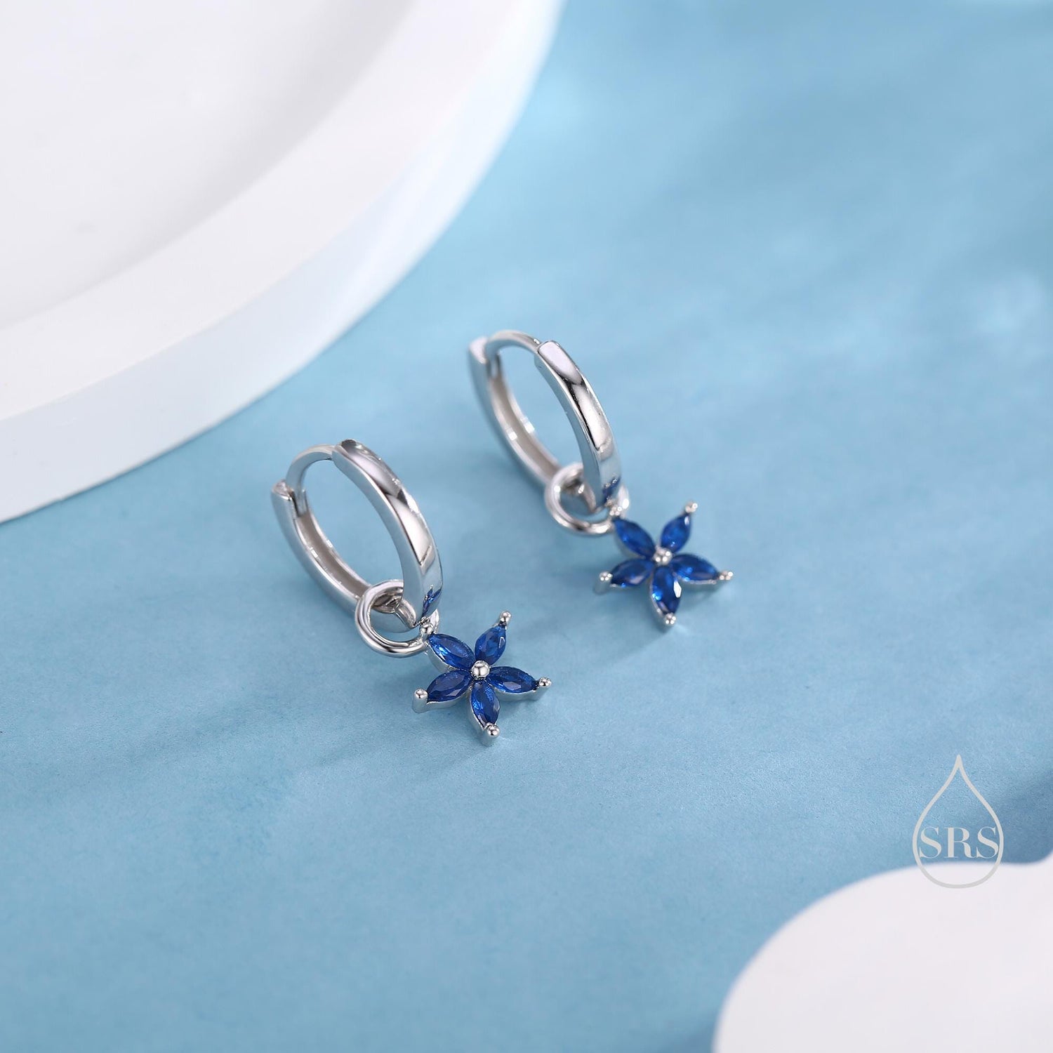 Sapphire Blue Flower CZ Huggie Hoop in Sterling Silver, Silver or Gold, Minimalist Simple Hoop Earrings, Detachable and Interchangeable